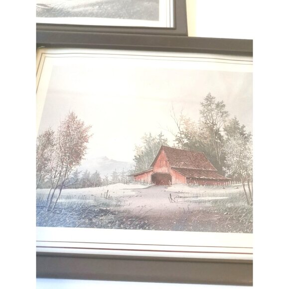 VINTAGE S. ABUTT Framed Art Prints Set of 2 | Red Barn in Winter & Snowy Tree - Picture 4 of 10